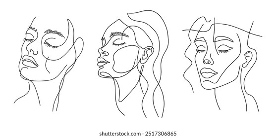 Set von Frau Face Line Art Style. Schöne Frau Gesicht gesetzt. Konzept der einzeiligen Zeichnung Kunst. Frau Kopf Porträt Set. Trendy minimalistische Illustration. Schwarz-Weiß-Umrisszeichnung Einzeilige Frau