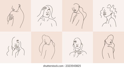 Set of woman face portraits line art sketch. One black line art female heads. Vector illustration in outline simple style