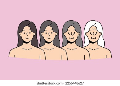 Set of woman faces in different age range. Collection of female aging from millennial women to mature grey-haired grandmother. Vector illustration. 