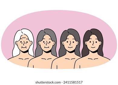 Set of woman faces in different age range. Collection of female aging from millennial girl to mature grey-haired grandmother. Vector illustration.