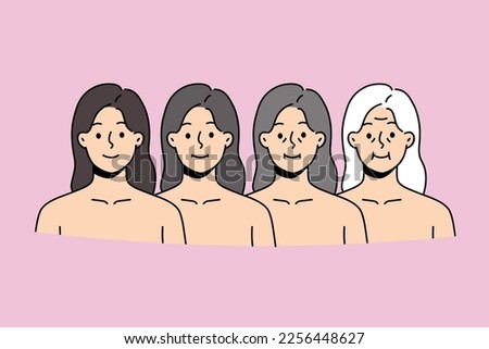 Set of woman faces in different age range. Collection of female aging from millennial women to mature grey-haired grandmother. Vector illustration. 