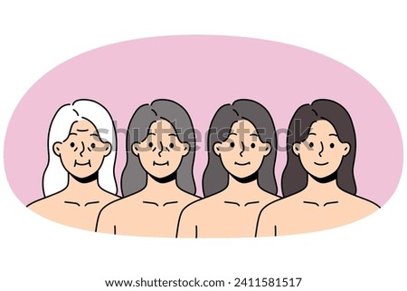 Set of woman faces in different age range. Collection of female aging from millennial girl to mature grey-haired grandmother. Vector illustration.