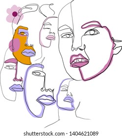Set woman faces one line portrait. Continuous beauty female carton icon. Hand drawn vector. Glamor fashion concept. Abstract creative doodle art. 