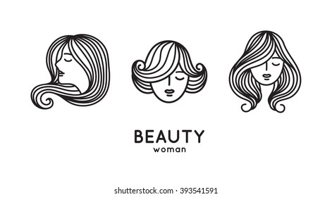 Set of woman faces and portraits in trendy linear style - beauty symbols for hair, spa salon or organic cosmetics. Thin line style