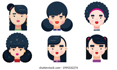 Set of woman faces with various hairstyle. Collection of young girls portraits. Different avatars of black haired girl. Flat Design Vector illustration.
