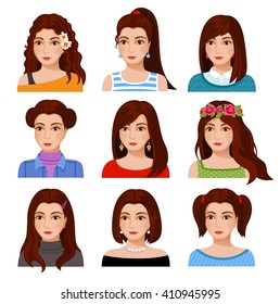 Set of woman faces with various hairstyle. Collection of young girls portraits. Different avatars of brown-haired girls. Vector illustration.