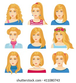 Set of woman faces with various hairstyle. Collection of young girls portraits. Different avatars of blonde girls. Vector illustration.