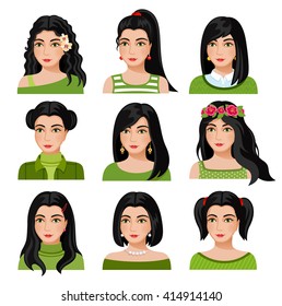 Set of woman faces with various hairstyle. Collection of young girls portraits. Different avatars of brown-haired girls. Vector illustration.