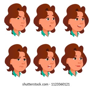 Set of woman facial emotions. A woman character with different expressions. Cartoon female character head collection in cartoon style