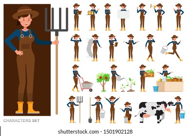 Set of Woman farmer character vector design. Presentation in various action with emotions, running, standing and walking. 