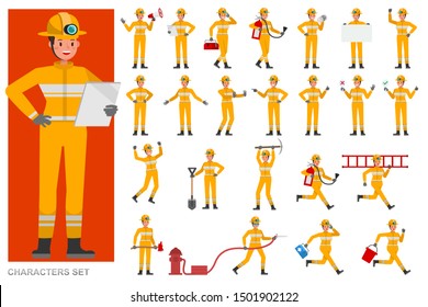 Set of Woman Firefighter character vector design. Presentation in various action with emotions, running, standing and walking. 