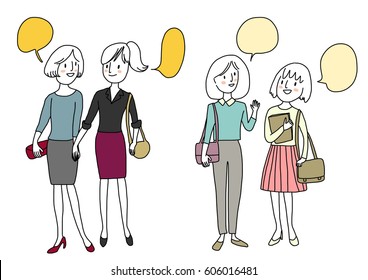 Set of woman and friendship such as women holding hands and smiling to each other, girls  chatting and grinning. Vector illustration with doodle style.