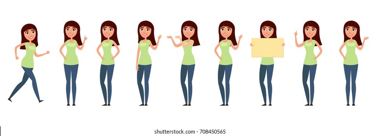 Set of woman, girl in casual clothes in different poses. A character for your design project. Vector illustration in flat and cartoon style.White background