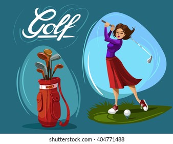 Set of woman golfer, golf bag and golf clubs