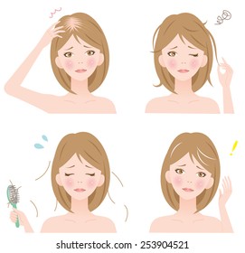 set of woman hair troubles, loss, bald, thinning, gray, and unruly