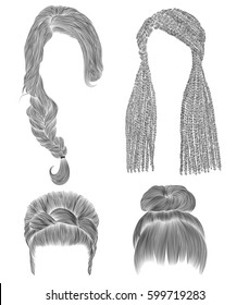 set woman hairs  . black  pencil drawing sketch .
bun babette with  fringe hairstyle.women fashion beauty style. african cornrows . 
