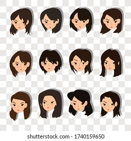Set of woman hairstyle concept on transparency background. Creative idea design. Flat vector illustration for template, brochure or presentation.