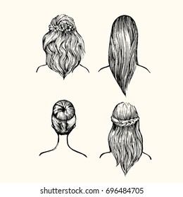 Set of woman hairstyle. Hand drawn collection of different woman hairstyles.