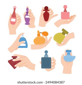 Conjunto de la mano de la mujer que sostiene el perfume y rocía el aroma, botella de aceite esencial, botella de perfume. Pulverización de agua de tocador cosmética fragante, manos femeninas elegantes con manicura sosteniendo una botella de perfume. 