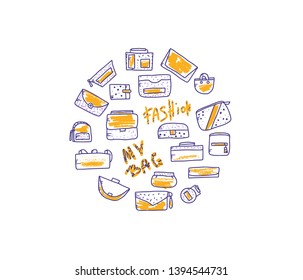 Set of woman handbags. Collection of purses in doodle style. Round badge. Fashion accessories elements. Vector illustration.