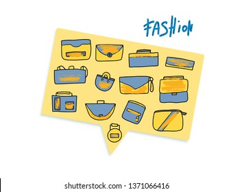 Set of woman handbags on speech bubble. Collection of purses in doodle style. Fashion accessories elements. Vector illustration.