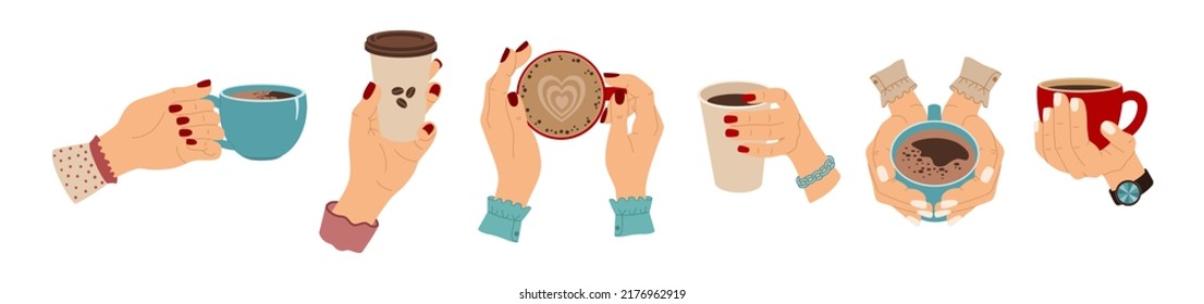 Set of woman hands with different cups with coffee. Morning hot drink. Coffee break. Hand drawn colored vector illustration isolated on white background. Modern flat cartoon style.