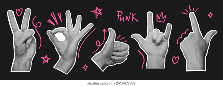 Set of woman hands with doodle elements. Crown, heart, star. Retro collage elements for posters, banner, social media. Vector illustration