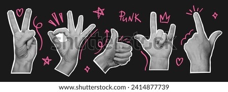 Set of woman hands with doodle elements. Crown, heart, star. Retro collage elements for posters, banner, social media. Vector illustration