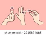 Set of woman hands with engagement ring on finger. Collection of girl palm with wedding jewelry. Marriage and proposal. Vector illustration. 