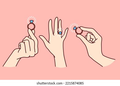 Set of woman hands with engagement ring on finger. Collection of girl palm with wedding jewelry. Marriage and proposal. Vector illustration.  svg