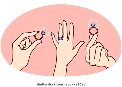 Set of woman hands with engagement ring on finger. Collection of girl palm with wedding jewelry. Marriage and proposal. Vector illustration.