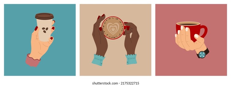 Set of woman hands holding a different cups of coffee or cappuccino. Morning hot drink. Coffee break. Hand drawn vector illustration isolated on colored background. Modern flat cartoon style.