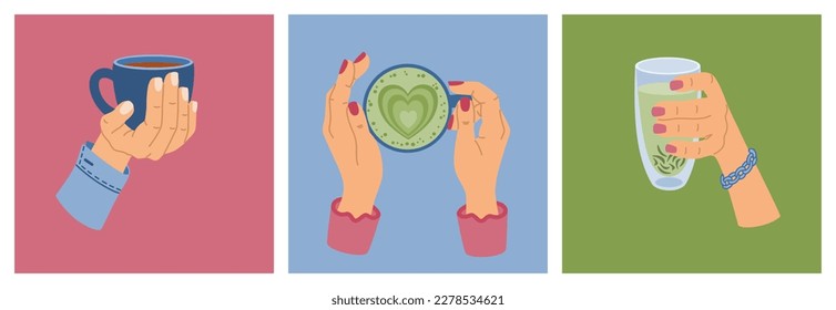 Set of woman hands holding a different cups of tea. Black or green tea and matcha, morning hot drink. Hand drawn vector illustration isolated on colored background. Modern flat cartoon style.