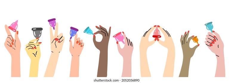 Set of woman hands holding menstrual cups. Size and color variety. Zero waste and plastic free periods. 