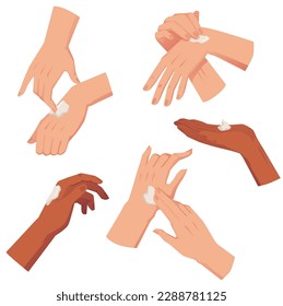 Set of woman hands with light cream flat style, vector illustration isolated on white background. Hydration and protection, design elements collection, cosmetic product