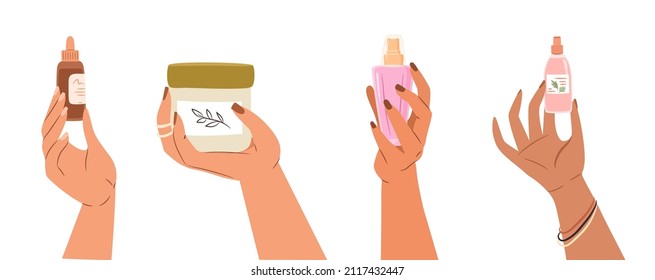 Set Of Woman Hands Showing Skincare Products. Closeup Of Girls Hands Holding Cosmetic Product.