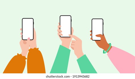 Set von Frauen Hände mit Smartphone mit leerem Bildschirm. Weibliche Hand, die ein Mobiltelefon hält.