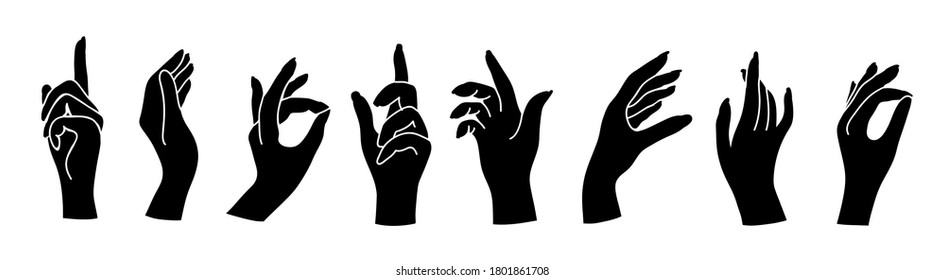 Set of woman hands in various gestures isolated on white background. Witchcraft esoteric magical mystical black open empty holding hands collection. Vector illustration in flat style