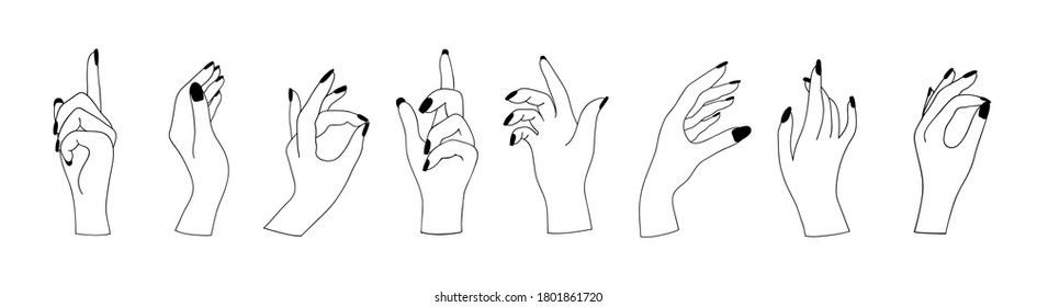 Set of woman hands in various gestures isolated on white background. Witchcraft esoteric magical mystical one line open empty holding hands collection. Vector illustration in outline style