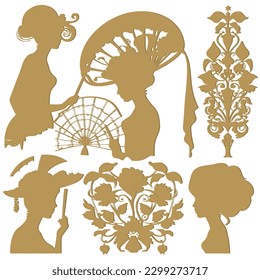 Set. Woman in a hat silhouette surrounded and vintage flowers in art nouveau style. Vector Gold beautiful woman silhouette on white background. Old retro antique style isolated decorative design.
