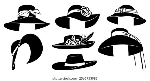 Set of Woman Hats. Black and white vector cliparts isolated on white.