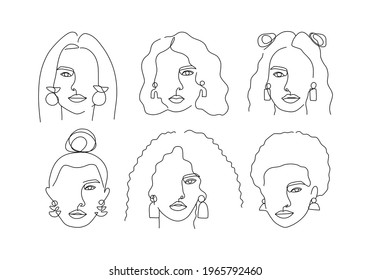 Set woman head continuous one line art faces drawing minimal shapes illustration