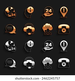 Set Woman with a headset, Location information, Telephone 24 hours support, Speech bubble chat,  and Information icon. Vector