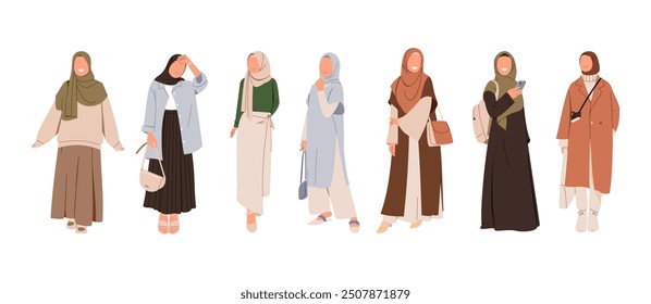 Set of woman in hijab vector flat illustration. Collection of stylish muslim business person, in trendy clothes isolated on white. Saudi and asian people in traditional outfit dress