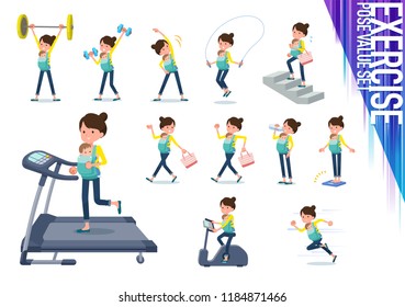 A set of woman holding a baby on exercise and sports.There are various actions to move the body healthy.It's vector art so it's easy to edit.