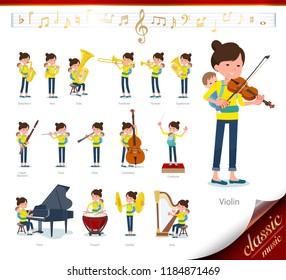 A set of woman holding a baby on classical music performances.There are actions to play various instruments such as string instruments and wind instruments.It's vector art so it's easy to edit.