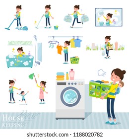 A set of woman holding a baby related to housekeeping such as cleaning and laundry.There are various actions such as child rearing.It's vector art so it's easy to edit.