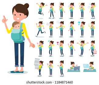 A set of woman holding a baby with who express various emotions.There are actions related to workplaces and personal computers.It's vector art so it's easy to edit.