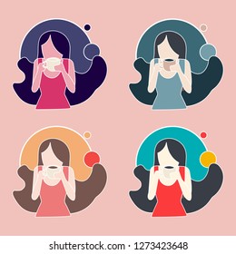 Set of woman holding a coffee cup in flat design, vector illustration.