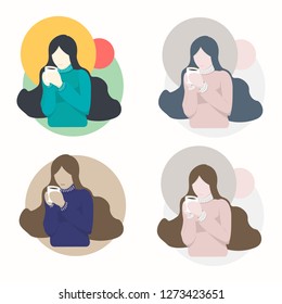 Set of woman holding a coffee cup in flat design, vector illustration.